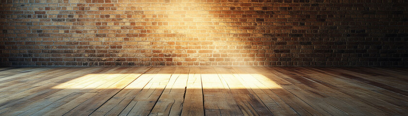 Poster - Softly lit empty room with textured brick walls and wooden floor for creative use