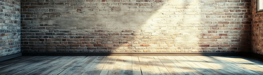 Poster - Soft diffused light illuminates an empty room with textured brick walls and wooden floor
