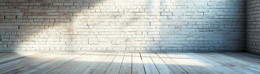 Poster - Softly lit empty room showcasing white washed brick walls and wooden flooring