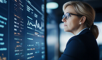 Poster - businesswoman in suit analyzes data on digital screen, showcasing her focus and determination in modern office environment