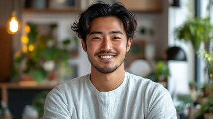 Wall Mural - Smiling young man enjoys bright indoor space filled with plants and natural light in a cozy urban environment