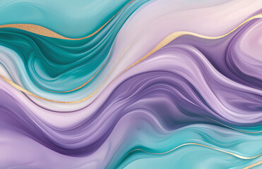 Poster - vibrant fluid background in shades of purple and teal, featuring smooth waves and golden accents that create sense of elegance and tranquility