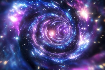 Wall Mural - dramatic spiral galaxy formation with vibrant purple and blue gas clouds, scattered with brilliant stars and distant planets