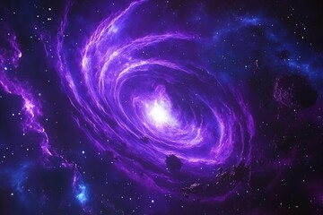 Wall Mural - dramatic spiral galaxy formation with vibrant purple and blue gas clouds, scattered with brilliant stars and distant planets