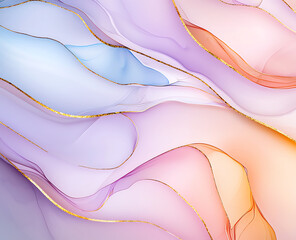 Poster - Abstract background in pastel tones with flowing lines and gold accents, creating serene and elegant atmosphere. Perfect for design projects and artistic expressions
