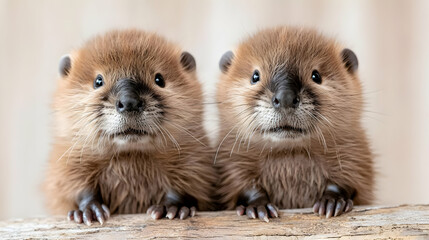 Wall Mural - Two baby beavers posing on wood, neutral background