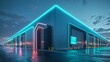 © Kitta Studio - Modern Warehouse with Neon Lights and Reflective Pavement at Dusk