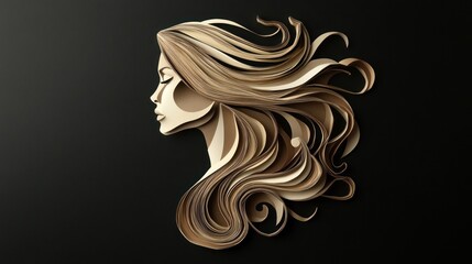 Wall Mural - Paper woman profile, flowing hair, black background; poster