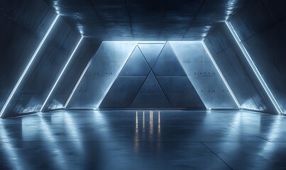 Poster - Futuristic Empty Room With Geometric Design and Neon Blue Lights 3d Render