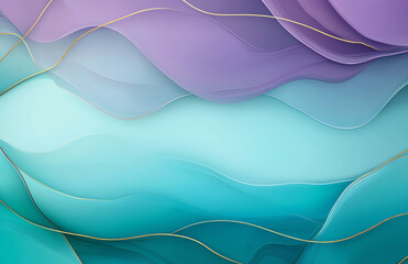 Poster - Abstract background with gradient of purple and turquoise waves, featuring elegant golden lines. This design evokes sense of calm and sophistication
