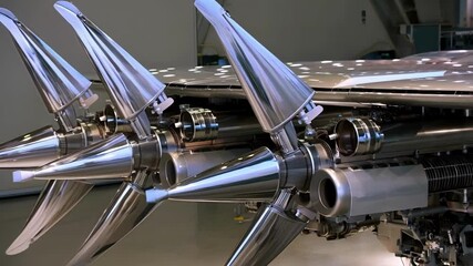 Poster - gleaming metal exhausts protrude from the rear of an experimental seaplane, reflecting the light of 