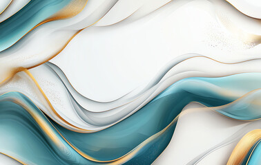 Poster - Abstract background with flowing waves in blue, white, and gold tones, creating serene and elegant atmosphere. Ideal for modern design projects