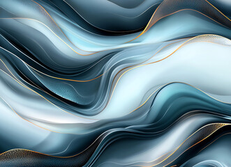 Poster - Abstract background with flowing waves in shades of blue and white, featuring golden accents that create sense of elegance and movement