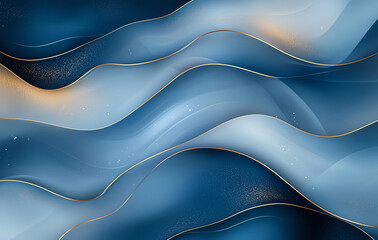Poster - Abstract background featuring flowing waves in navy blue and gold tones, creating serene and elegant atmosphere. Ideal for design projects and digital art