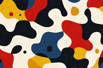 Poster - Abstract seamless pattern with red, yellow, blue, black, and white organic shapes on textured background.