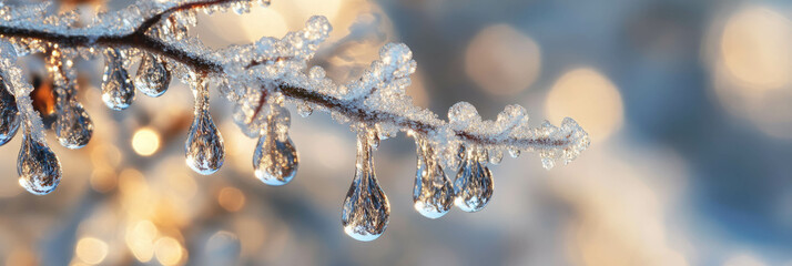 Poster - Frozen rain droplets create intricate patterns against a bright background