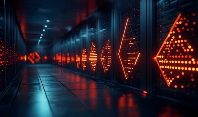 Poster - futuristic server room with glowing red geometric patterns on black server racks