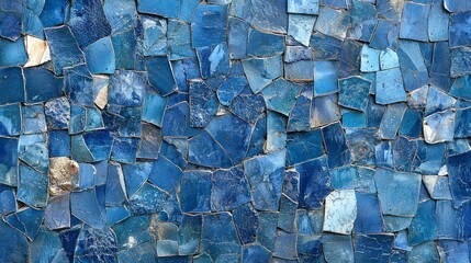 Aufkleber - A captivating arrangement of mosaic tiles in diverse blue hues adorns a metal wall, showcasing intricate textures and a sense of depth under natural light, inviting admiration