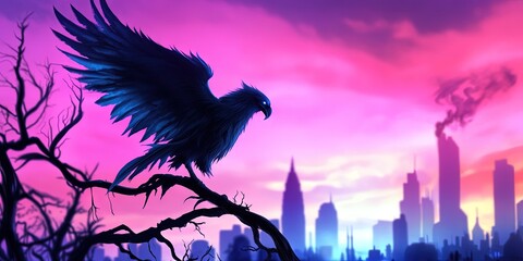 Poster - raven on branch overlooking city