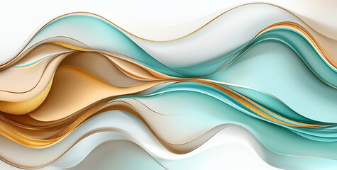Poster - Abstract background with flowing liquid shapes in turquoise, gold, and white, creating sense of movement and elegance. Perfect for modern design projects