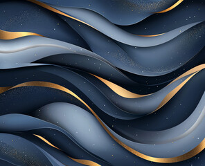 Poster - Elegant abstract background with flowing waves in dark blue and gold tones, creating serene and luxurious atmosphere. Perfect for design projects and artistic expressions