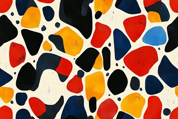 Poster - Abstract seamless pattern with colorful organic shapes in red, orange, yellow, blue, and black on a beige background.