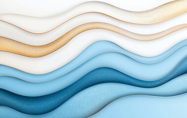 Poster - Abstract background with flowing waves in shades of blue, white, and gold, creating serene and modern aesthetic. Ideal for design projects and artistic presentations