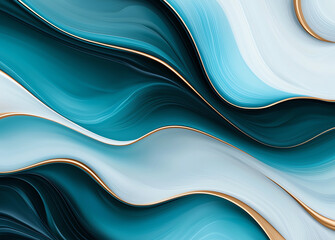 Poster - Abstract background with swirling patterns in teal and white tones, featuring smooth curves and golden accents that create sense of fluidity and elegance