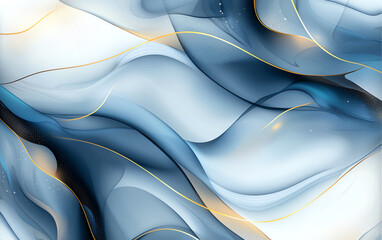 Poster - Abstract blue and gold background with flowing waves and soft textures, creating serene and elegant atmosphere. Ideal for modern design projects