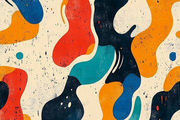Poster - Abstract art with organic shapes in teal, orange, red, and black on a beige background with grunge texture.
