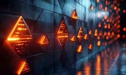 Poster - Futuristic wall with geometric shapes and glowing orange lights creating a digital illusion