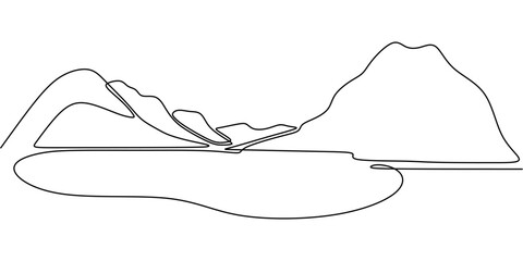 Wall Mural - Minimalist one line drawing of a mountain and lake. Representation of adventure, hiking, and scenic landscapes.