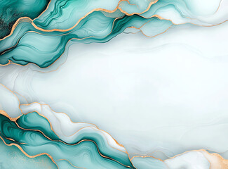Poster - Abstract marble texture background with teal and white waves, featuring elegant gold accents. This design evokes sense of calm and sophistication, perfect for various creative projects