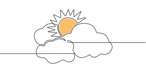 Wall Mural - Clouds with sun in continuous line drawing. Minimalist depiction of a bright sky, weather, and natural beauty.