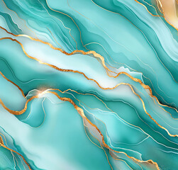 Poster - Abstract teal and gold marble background with flowing patterns and textures, creating serene and elegant atmosphere. Perfect for modern design projects
