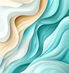 Poster - Abstract teal and beige background with fluid shapes, creating serene and modern aesthetic. smooth curves and layers evoke sense of tranquility and elegance