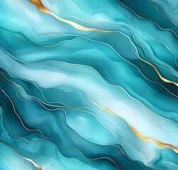 Poster - Abstract teal and gold marble pattern with flowing waves and textures, creating serene and elegant visual experience. Perfect for backgrounds and artistic designs