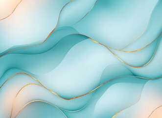 Poster - Abstract teal and turquoise marble background with flowing waves and golden accents creates serene and elegant atmosphere. Perfect for modern design projects