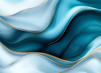 Poster - Abstract teal and white waves with gold accents create soothing and elegant background. flowing lines evoke sense of calm and sophistication, perfect for various design projects