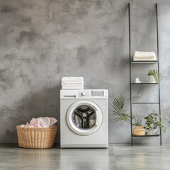 Poster - A stylish laundry room showcases a sleek washing machine beside a wicker basket filled with clothes