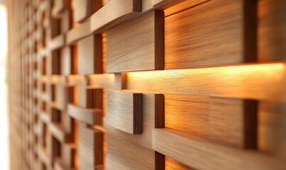 Poster - Geometric Wood Wall Panel with Warm Lighting Creates a Modern Aesthetic