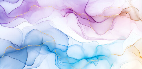 Poster - Beautiful abstract background with flowing colors in purple, blue, and gold accents. soft, translucent layers create serene and artistic atmosphere
