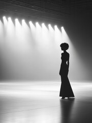Poster - Elegant silhouette on a monochromatic runway showcasing minimalist design and soft lighting during a fashion event. Generative AI