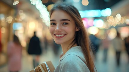 portrait of a beautiful woman smiling at the camera in a shopping center doing purchases