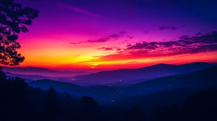 Wall Mural - sunset view from mountain peak with vibrant twilight sky in orange and purple hues overlooking lands