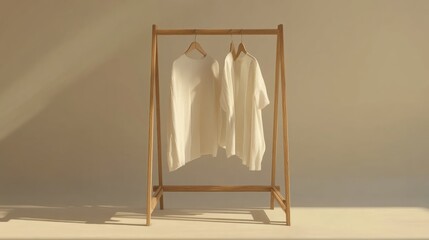Poster - Minimalist clothing rack displaying neatly arranged garments in a serene, softly lit environment. Generative AI