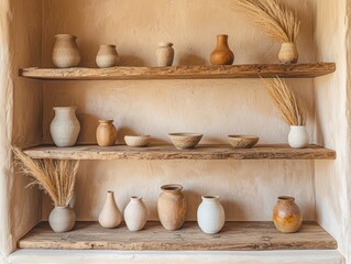 Poster - Rustic pottery display home interior decorative art warm atmosphere close-up view handmade craft