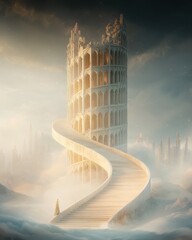 Wall Mural - Mystical spiral tower rising above the clouds fantasy landscape digital art ethereal light surreal perspective