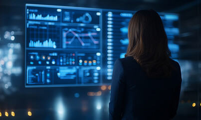 Poster - Business woman analyzing data on digital screen, showcasing graphs and statistics. scene reflects modern office environment with focus on technology and analytics