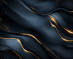 Poster - Dark blue and black background with flowing golden threads and sparkling elements creates mesmerizing visual effect. Perfect for elegant designs and artistic projects